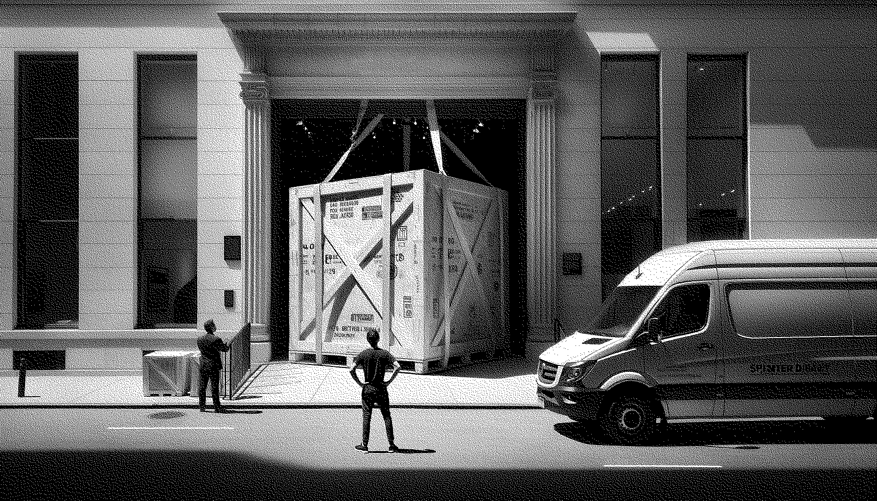 A really big crate not fitting into a gallery with a sprinter van prked outside. 2 men look at the crate with confused and working-like poses.